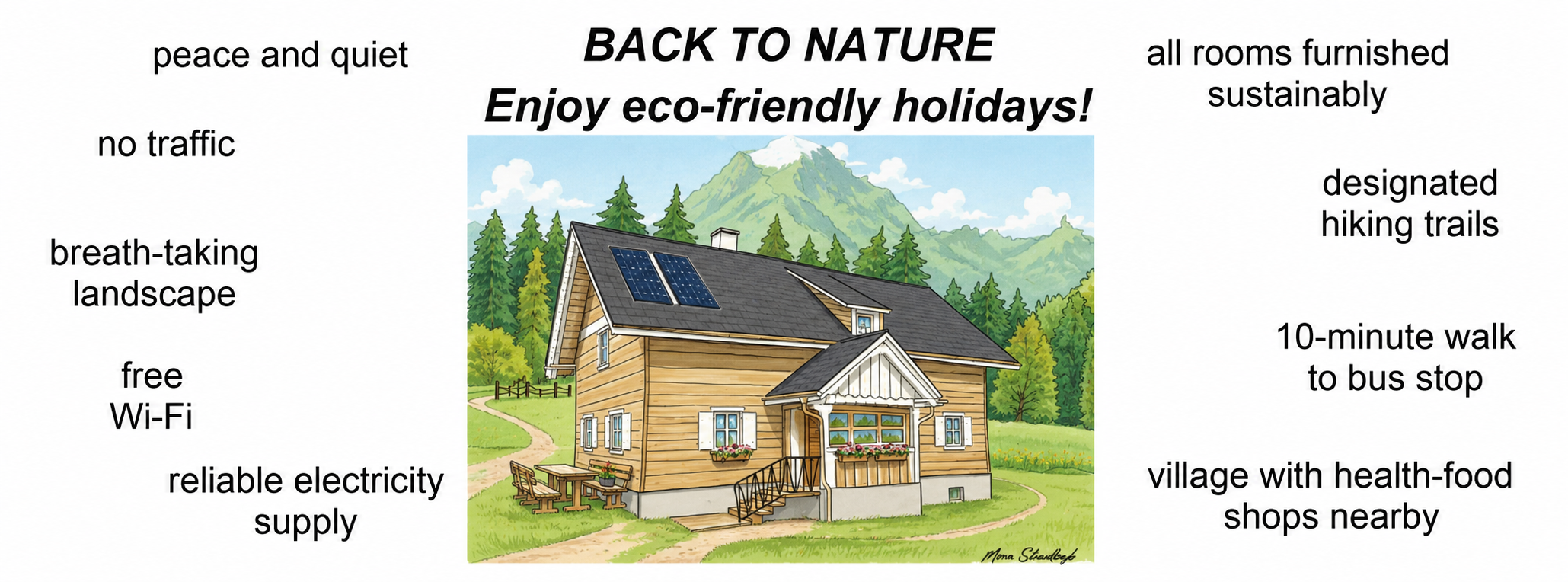 Plakat mit Haus in der Natur und Hinweisen zu umweltfreundlichem Urlaub